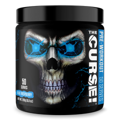 A black jar of JNX Sports The Curse Pre 50 Servings features a menacing blue skull on the label. This Blue Raspberry flavor pre-workout boosts pumps and focus, offering 50 servings per 250g (8.8 oz) container.