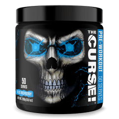 A black jar of JNX Sports The Curse Pre 50 Servings features a menacing blue skull on the label. This Blue Raspberry flavor pre-workout boosts pumps and focus, offering 50 servings per 250g (8.8 oz) container.