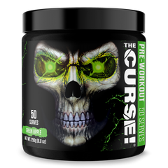 A black container of JNX Sports The Curse Pre 50 Servings pre-workout features a glowing green skull with intense eyes. The green apple flavor boosts mental focus, with bold white and green text on the label.
