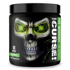 A black container of JNX Sports The Curse Pre 50 Servings pre-workout features a glowing green skull with intense eyes. The green apple flavor boosts mental focus, with bold white and green text on the label.