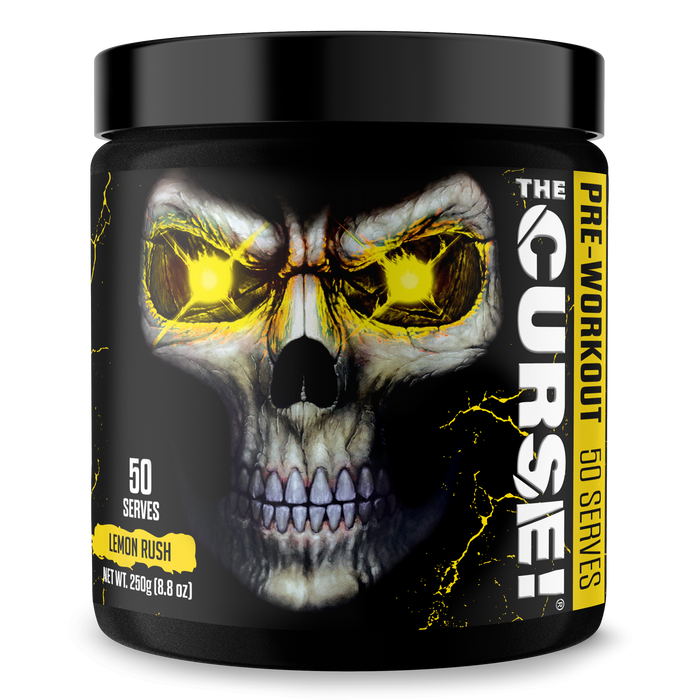 A black container of JNX Sports The Curse Pre 50 Servings, Lemon Rush flavor (250g/8.8oz), features a menacing skull with glowing yellow eyes and lightning accents—designed to enhance mental focus and muscle pumps.