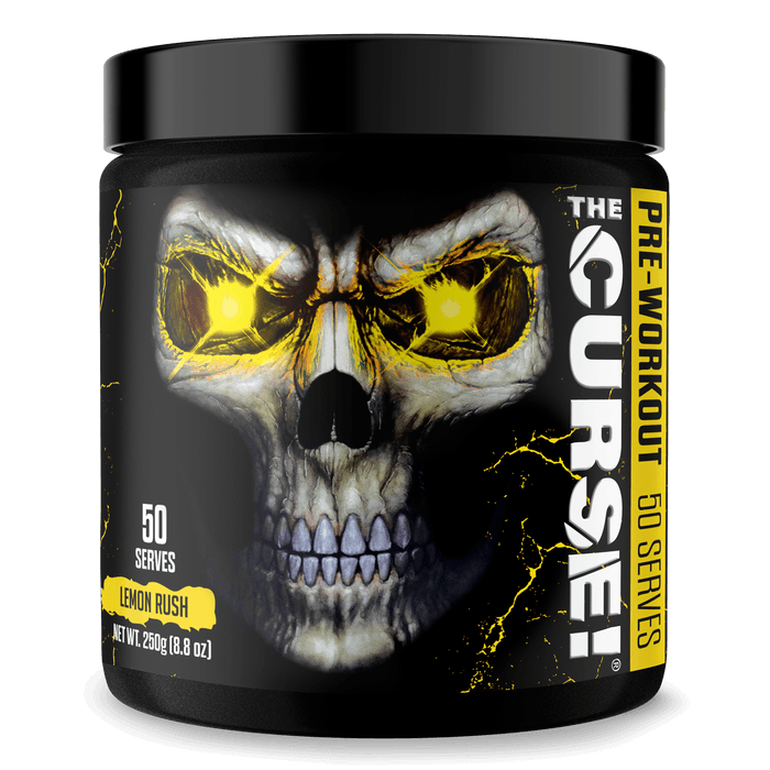 A black container of JNX Sports The Curse Pre 50 Servings, Lemon Rush flavor (250g/8.8oz), features a menacing skull with glowing yellow eyes and lightning accents—designed to enhance mental focus and muscle pumps.