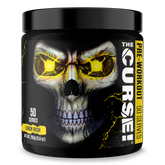 A black container of JNX Sports The Curse Pre 50 Servings, Lemon Rush flavor (250g/8.8oz), features a menacing skull with glowing yellow eyes and lightning accents—designed to enhance mental focus and muscle pumps.