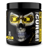 A black container of JNX Sports The Curse Pre 50 Servings, Lemon Rush flavor (250g/8.8oz), features a menacing skull with glowing yellow eyes and lightning accents—designed to enhance mental focus and muscle pumps.