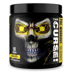 A black container of JNX Sports The Curse Pre 50 Servings, Lemon Rush flavor (250g/8.8oz), features a menacing skull with glowing yellow eyes and lightning accents—designed to enhance mental focus and muscle pumps.