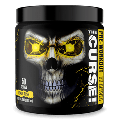 A black container of JNX Sports The Curse Pre 50 Servings, Lemon Rush flavor (250g/8.8oz), features a menacing skull with glowing yellow eyes and lightning accents—designed to enhance mental focus and muscle pumps.