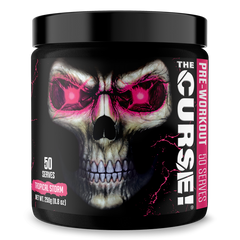 A black container of JNX Sports The Curse Pre 50 Servings shows a glowing pink-eyed skull on the label. It delivers intense pumps and focus with 50 Tropical Storm flavor servings. Net weight: 250g (8.8 oz).