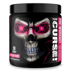 A black container of JNX Sports The Curse Pre 50 Servings shows a glowing pink-eyed skull on the label. It delivers intense pumps and focus with 50 Tropical Storm flavor servings. Net weight: 250g (8.8 oz).