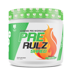 A white plastic tub of MR Nutrition Pre-Rulz Shred pre-workout supplement with a green and orange label and a green lid patterned with the brand name.