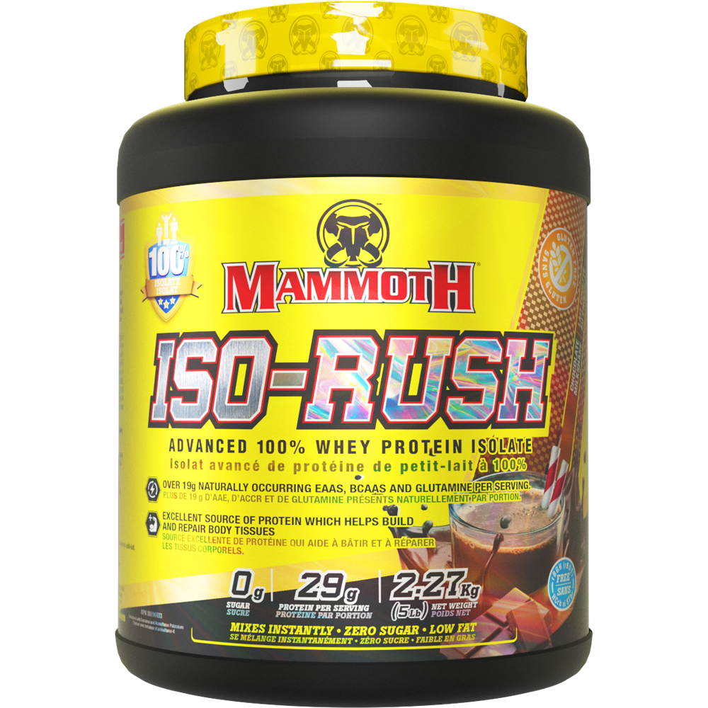 Mammoth ISO RUSH Protein 5lbs tub featuring whey protein isolate, low sugar, and essential amino acids.