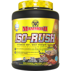 Mammoth ISO RUSH Protein 5lbs tub featuring whey protein isolate, low sugar, and essential amino acids.