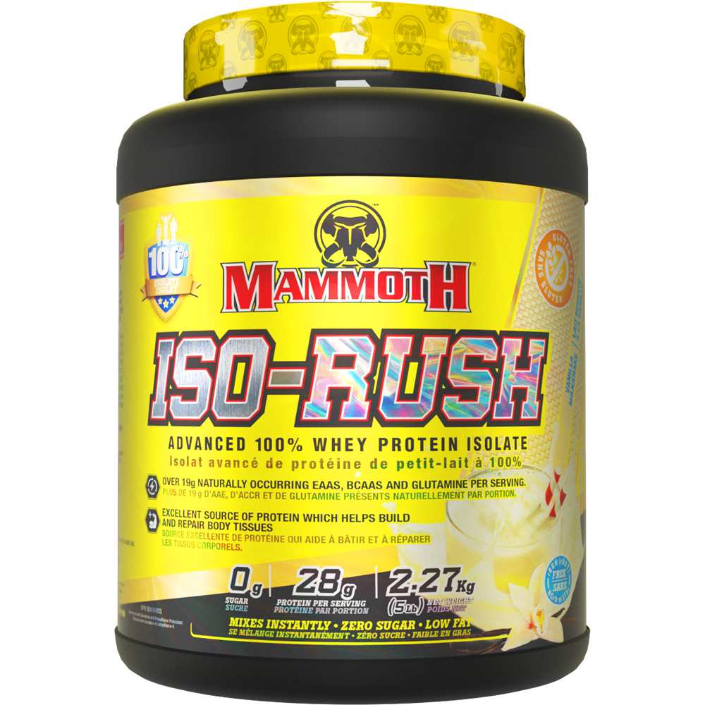 Mammoth ISO RUSH Protein powder container, 100% whey protein isolate, 28g protein per serving, low sugar.