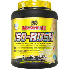 Mammoth ISO RUSH Protein powder container, 100% whey protein isolate, 28g protein per serving, low sugar.