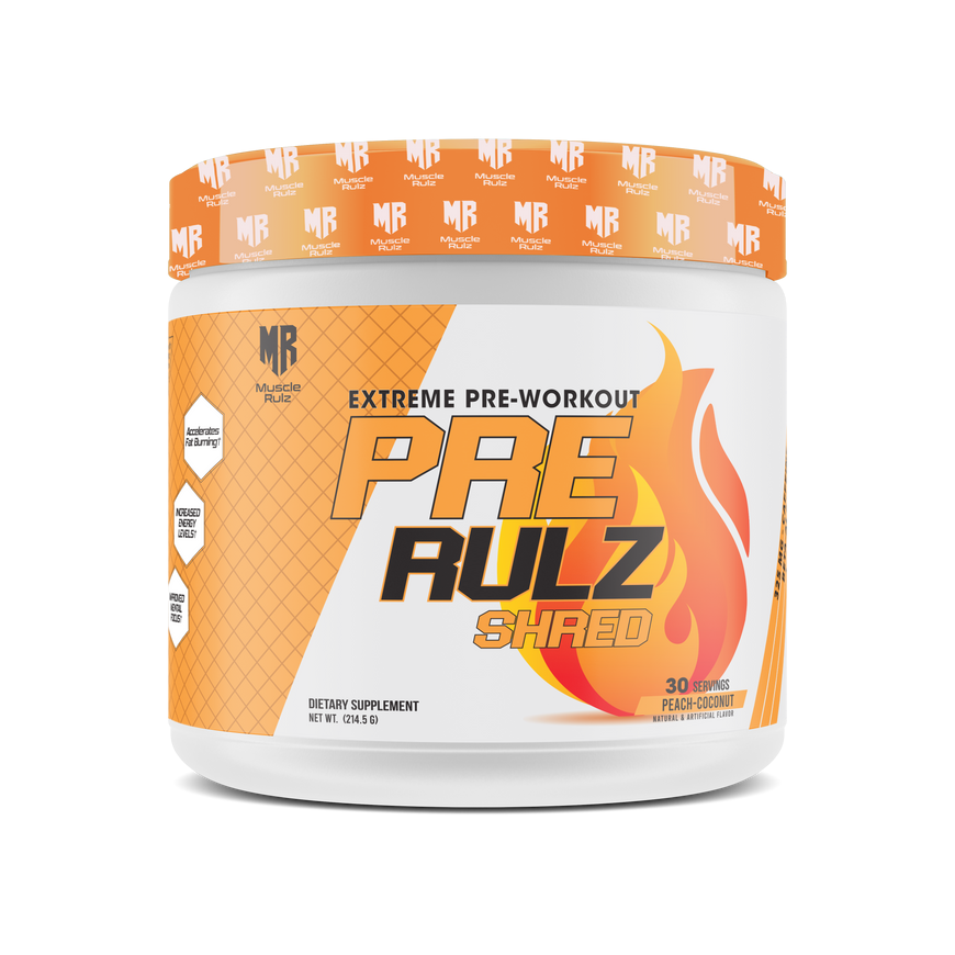 Pre-workout supplement container labeled 'PRE RULZ SHRED' on a white background