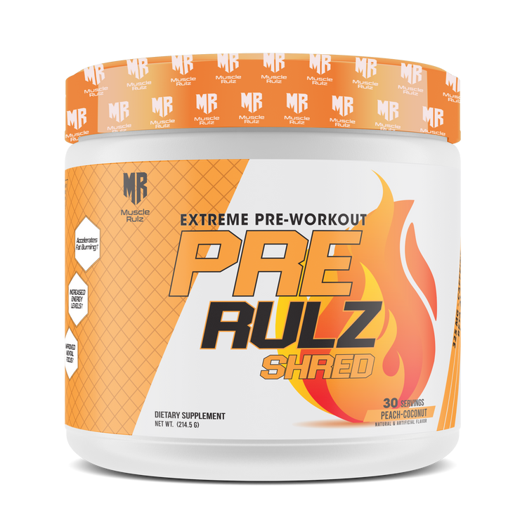 Pre-workout supplement container labeled 'PRE RULZ SHRED' on a white background