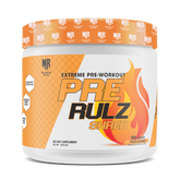 Pre-workout supplement container labeled 'PRE RULZ SHRED' on a white background