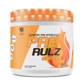 Pre-workout supplement container labeled 'PRE RULZ SHRED' on a white background