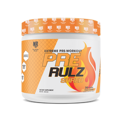 Pre-workout supplement container labeled 'PRE RULZ SHRED' on a white background