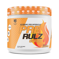 Pre-workout supplement container labeled 'PRE RULZ SHRED' on a white background
