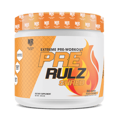 Pre-workout supplement container labeled 'PRE RULZ SHRED' on a white background