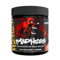 Pre-workout supplement container with a red and black label featuring a fierce animal design on a white background.