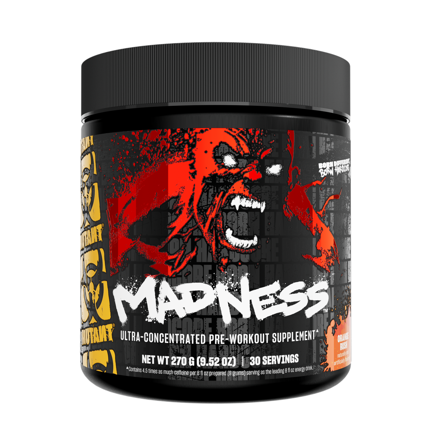 Pre-workout supplement container with 'Madness' branding on a white background