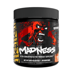 Pre-workout supplement container with 'Madness' branding on a white background