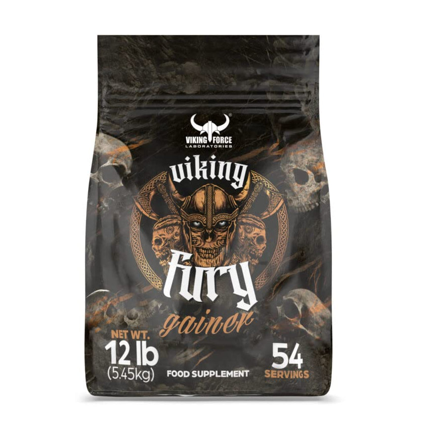 A 12 lb bag of Viking Fury Gainer food supplement by Viking Forge, featuring a dark, gritty design with a horned skull illustration and white and gold text.