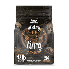 A 12 lb bag of Viking Fury Gainer food supplement by Viking Forge, featuring a dark, gritty design with a horned skull illustration and white and gold text.