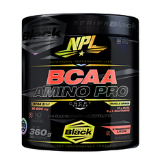 A black NPL BCAA Amino Pro container with bold red, white, and yellow text highlights a 2:1:1 BCAA ratio for muscle recovery—10,000 mg per serving, 360g total (20 servings), in strawberry litchi flavor.