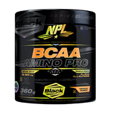 A black 360g container of NPL BCAA Amino Pro by NPL, labeled BCAA 2:1:1, Amino Pro, Tropical Punch, and 20 servings, features branched chain amino acids for muscle recovery with yellow, orange, and silver accents.