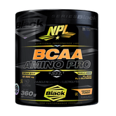 A black 360g container of NPL BCAA Amino Pro by NPL, labeled BCAA 2:1:1, Amino Pro, Tropical Punch, and 20 servings, features branched chain amino acids for muscle recovery with yellow, orange, and silver accents.