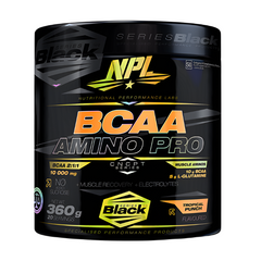 A black 360g container of NPL BCAA Amino Pro by NPL, labeled BCAA 2:1:1, Amino Pro, Tropical Punch, and 20 servings, features branched chain amino acids for muscle recovery with yellow, orange, and silver accents.