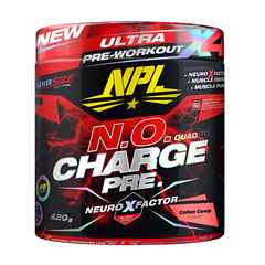 A 420g container of NPL N.O Charge Pre-workout by NPL, in bold red, black, and yellow packaging with “Ultra Pre-Workout,” “Neuro X Factor,” and “Cotton Candy” flavor text, designed to boost muscle pump.