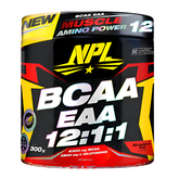 A 300g container of NPL BCAA EAA 12:1:1 by NPL, with bold yellow, white, and red text on a black background, highlights muscle recovery benefits and Strawberry Kiwi flavor.