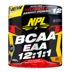 A black, yellow, and red NPL BCAA EAA 12:1:1 container features bold text highlighting 6300mg BCAA, 3500mg L-Glutamine for muscle recovery, tutti frutti flavor, and a net weight of 300g.