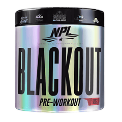 The NPL Blackout Pre-Workout container highlights Neuro Focus, sustained energy, NAC, Glycer Size for muscle pumps, and the Tiger’s Blood flavor on the bottom right.