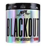 A container of NPL Blackout Pre-Workout by NPL, with a holographic label, bold black text, and red accents, featuring benefits such as enhanced focus, muscle pump, and sustained energy.