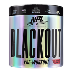 A container of NPL Blackout Pre-Workout by NPL, with a holographic label, bold black text, and red accents, featuring benefits such as enhanced focus, muscle pump, and sustained energy.
