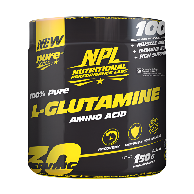 NPL 100% Pure L-Glutamine Amino Acid, unflavored, 150g (30 servings) in a black and yellow container—supports muscle recovery and immune health.