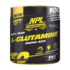 NPL 100% Pure L-Glutamine Amino Acid, unflavored, 150g (30 servings) in a black and yellow container—supports muscle recovery and immune health.