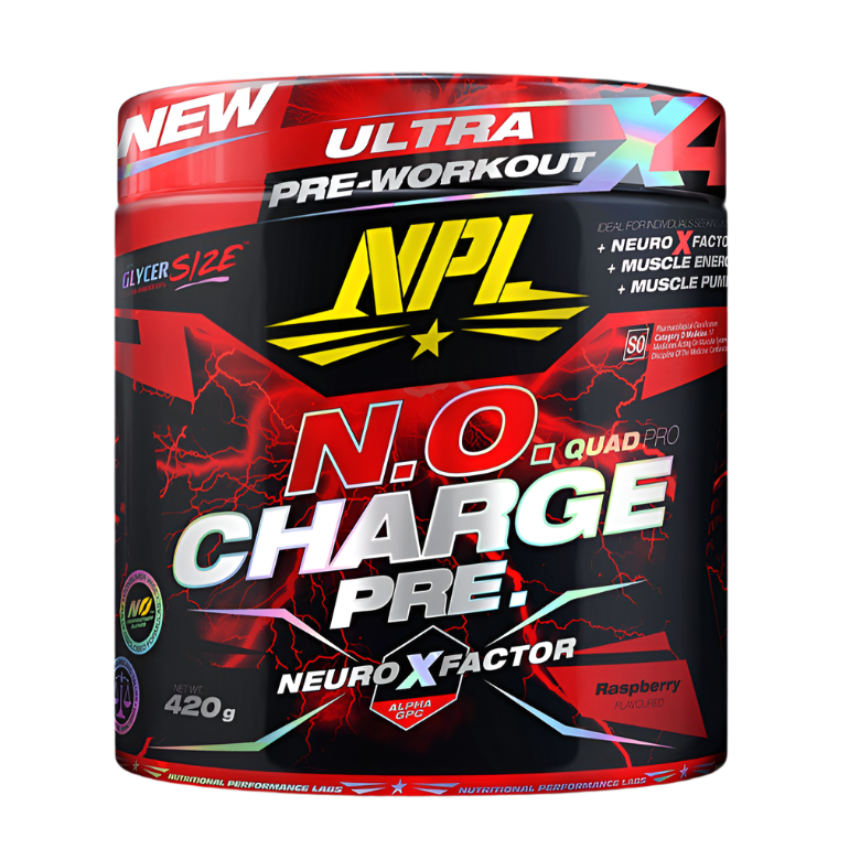 A red and black tub of NPL N.O Charge Pre-workout features bold lightning graphics, “Ultra Pre-Workout” and “Neuro X Factor” labels, is raspberry flavored, and claims muscle pump support plus enhanced electrolytes.