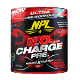 A red and black tub of NPL N.O Charge Pre-workout features bold lightning graphics, “Ultra Pre-Workout” and “Neuro X Factor” labels, is raspberry flavored, and claims muscle pump support plus enhanced electrolytes.