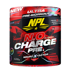 A red and black tub of NPL N.O Charge Pre-workout features bold lightning graphics, “Ultra Pre-Workout” and “Neuro X Factor” labels, is raspberry flavored, and claims muscle pump support plus enhanced electrolytes.