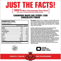 Carnivor Mass 1250 Chocolate Fudge supplement facts, highlighting beef protein and nutrition details.