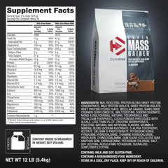 Supplement facts for Dymatize Super Mass Gainer 12lbs, highlighting nutritional content and ingredients.