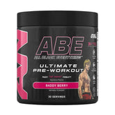 Black pre-workout supplement container with pink accents on a gray background
