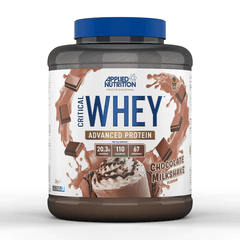 AN Critical Whey Protein Blend 2kg Chocolate Milkshake flavor with nutritional info and serving details.