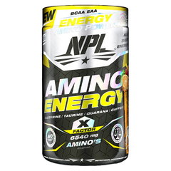 A black container of NPL Amino Energy X Factor (40 servings) with yellow accents highlights essential amino acids, electrolytes, BCAA, EAA, glutamine, taurine, guarana, caffeine, and 6540 mg aminos per serving on bold text.