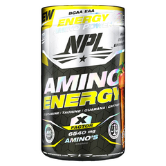 NPL Amino Energy X Factor 40 Servings by NPL features a bold black, yellow, and metallic design showcasing electrolytes, glutamine, taurine, guarana, caffeine, and 6540 mg essential amino acids on the container.